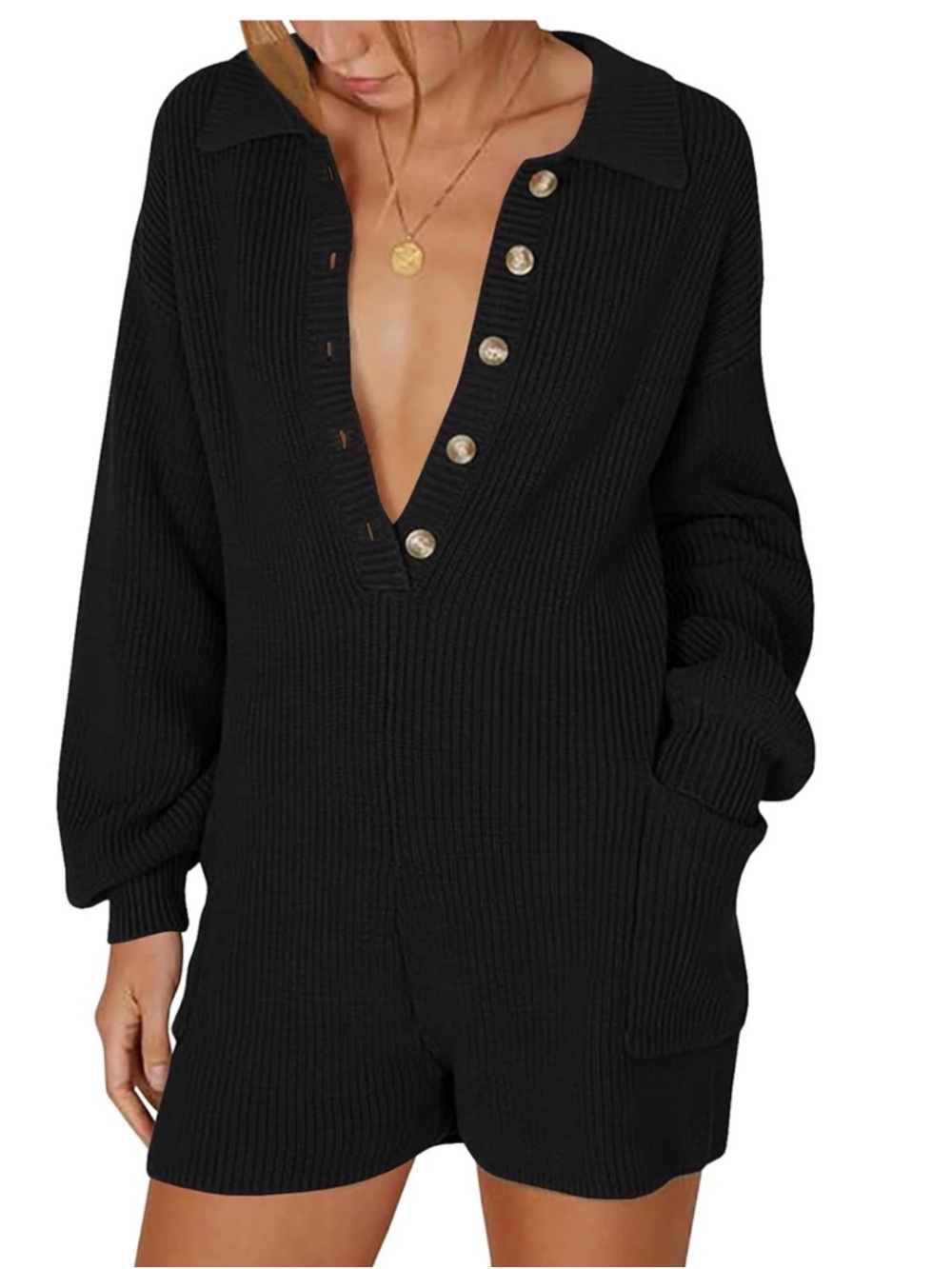 Black Ribbed Button-Front Womens Sweater Romper